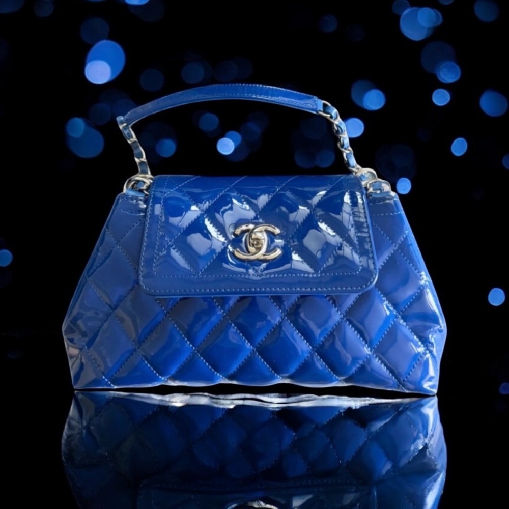 💗💙CHANEL Cobalt Blue Patent Leather Quilted Coco Shine Accordion Small Flap SHW